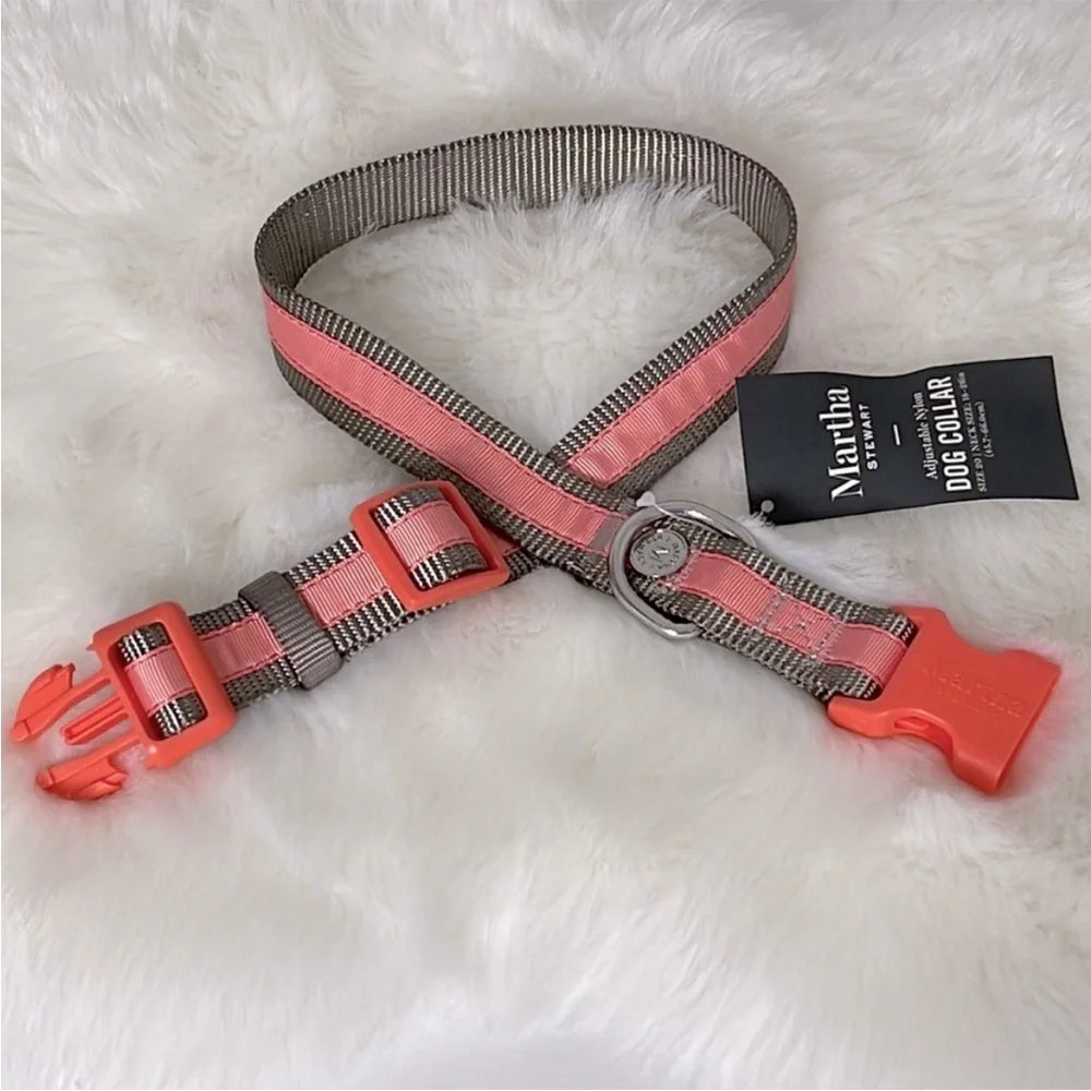 NWT Martha Stewart Adjustable Nylon Dog Collar Coral / Gray Various Sizes